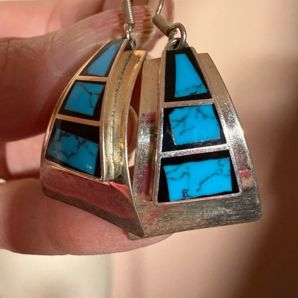 Taxco Vintage sterling silver turquoise southwestern oversized earrings - Picture 17 of 17